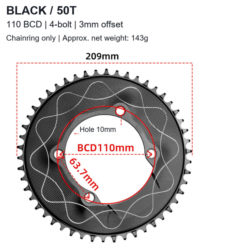 110BCD 4-Bolt Wave-Pattern Narrow-Wide Chainring, 40T-58T, 3mm Offset; 3 / 8-Bolt Adapter Options