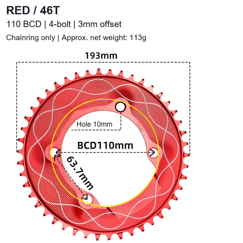 110BCD 4-Bolt Wave-Pattern Narrow-Wide Chainring, 40T-58T, 3mm Offset; 3 / 8-Bolt Adapter Options