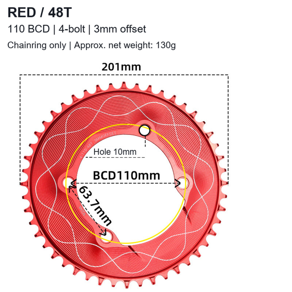 110BCD 4-Bolt Wave-Pattern Narrow-Wide Chainring, 40T-58T, 3mm Offset; 3 / 8-Bolt Adapter Options
