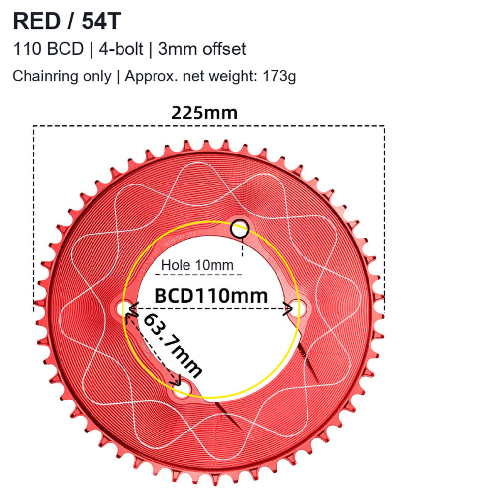 110BCD 4-Bolt Wave-Pattern Narrow-Wide Chainring, 40T-58T, 3mm Offset; 3 / 8-Bolt Adapter Options