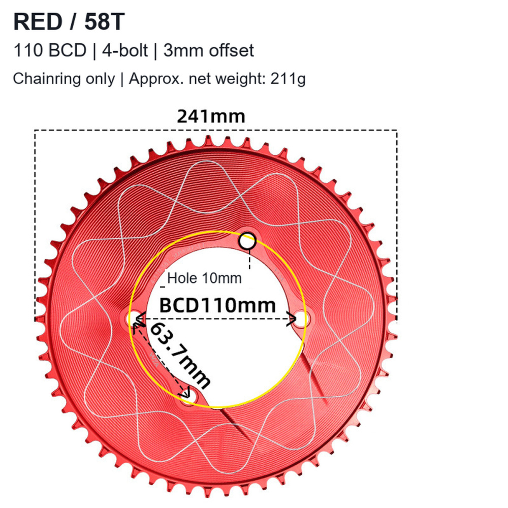 110BCD 4-Bolt Wave-Pattern Narrow-Wide Chainring, 40T-58T, 3mm Offset; 3 / 8-Bolt Adapter Options