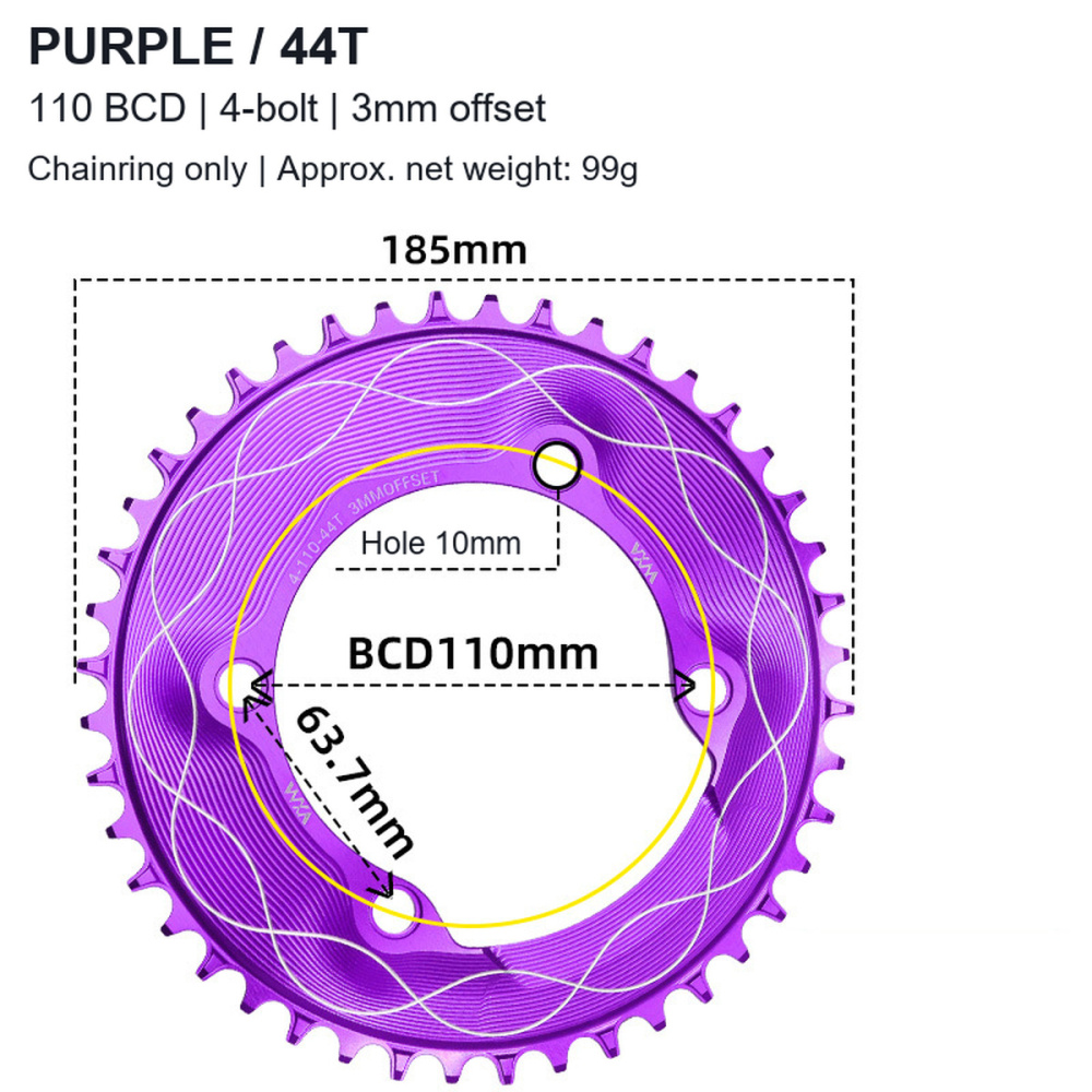 110BCD 4-Bolt Wave-Pattern Narrow-Wide Chainring, 40T-58T, 3mm Offset; 3 / 8-Bolt Adapter Options