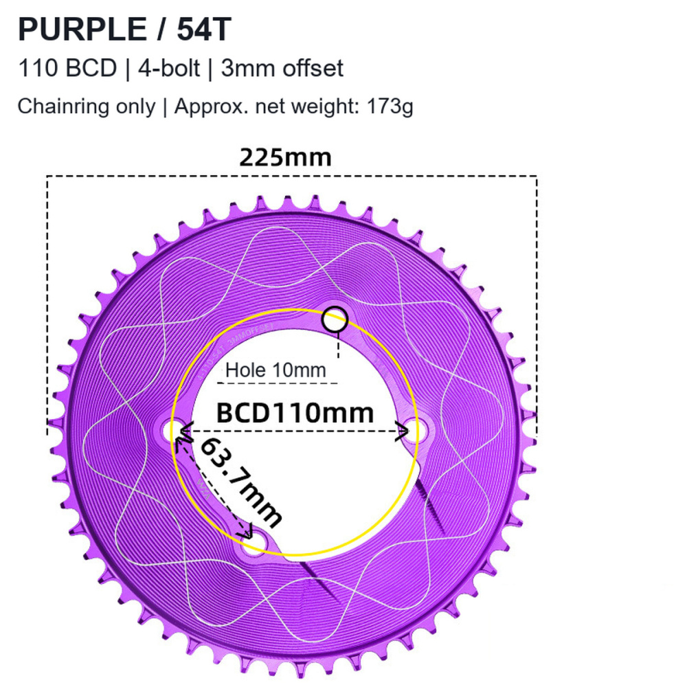 110BCD 4-Bolt Wave-Pattern Narrow-Wide Chainring, 40T-58T, 3mm Offset; 3 / 8-Bolt Adapter Options