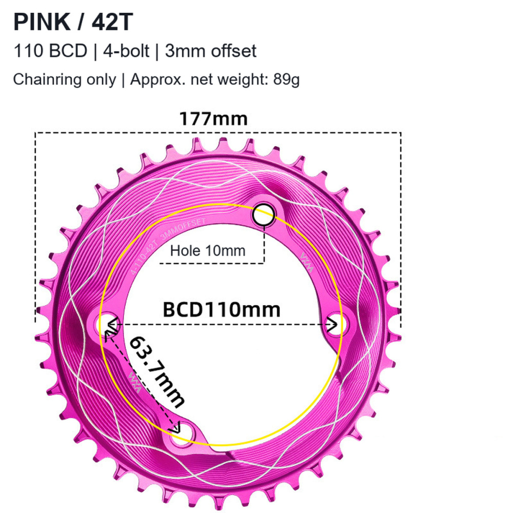 110BCD 4-Bolt Wave-Pattern Narrow-Wide Chainring, 40T-58T, 3mm Offset; 3 / 8-Bolt Adapter Options