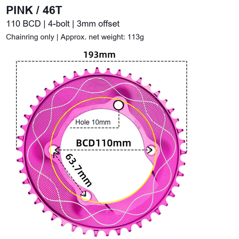 110BCD 4-Bolt Wave-Pattern Narrow-Wide Chainring, 40T-58T, 3mm Offset; 3 / 8-Bolt Adapter Options