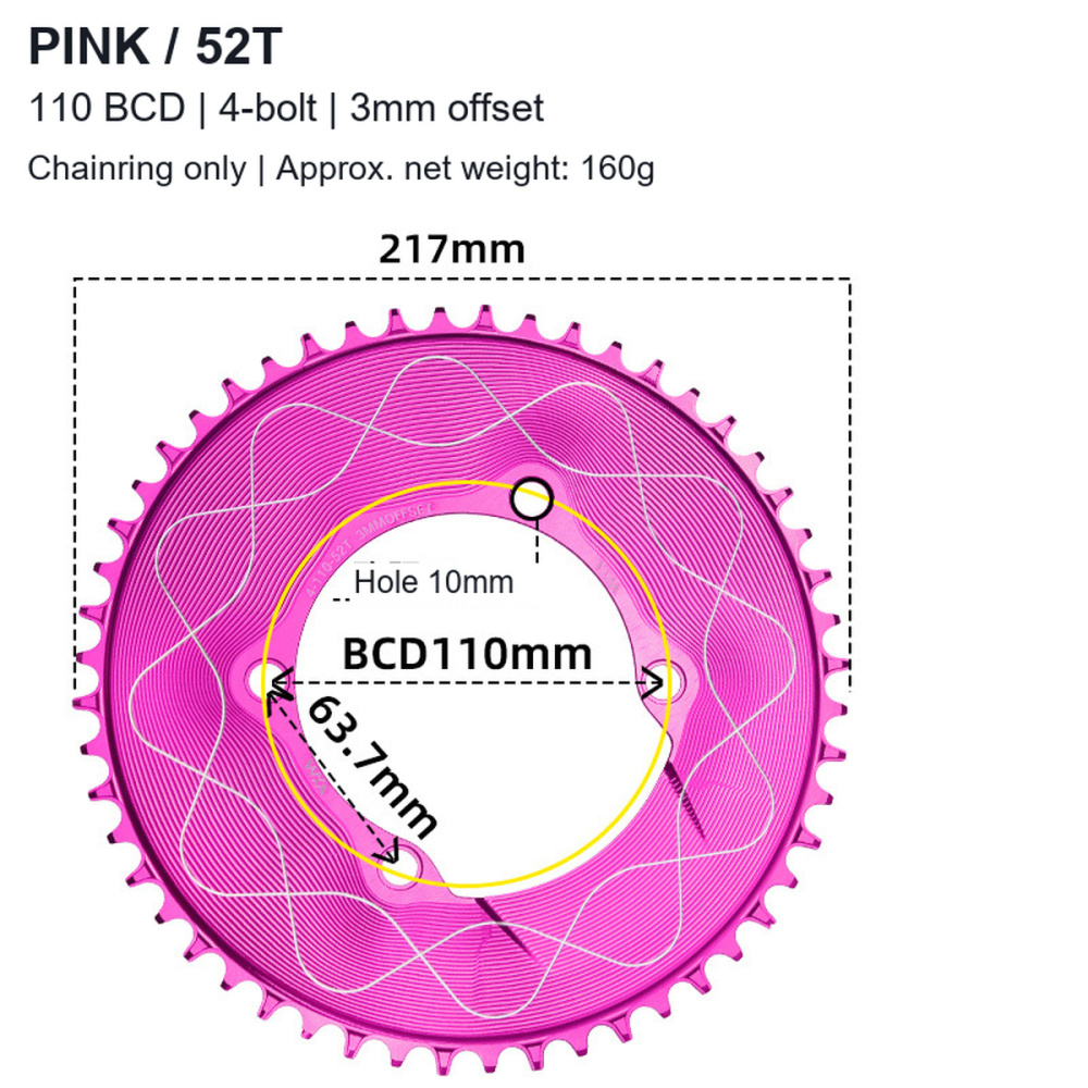 110BCD 4-Bolt Wave-Pattern Narrow-Wide Chainring, 40T-58T, 3mm Offset; 3 / 8-Bolt Adapter Options
