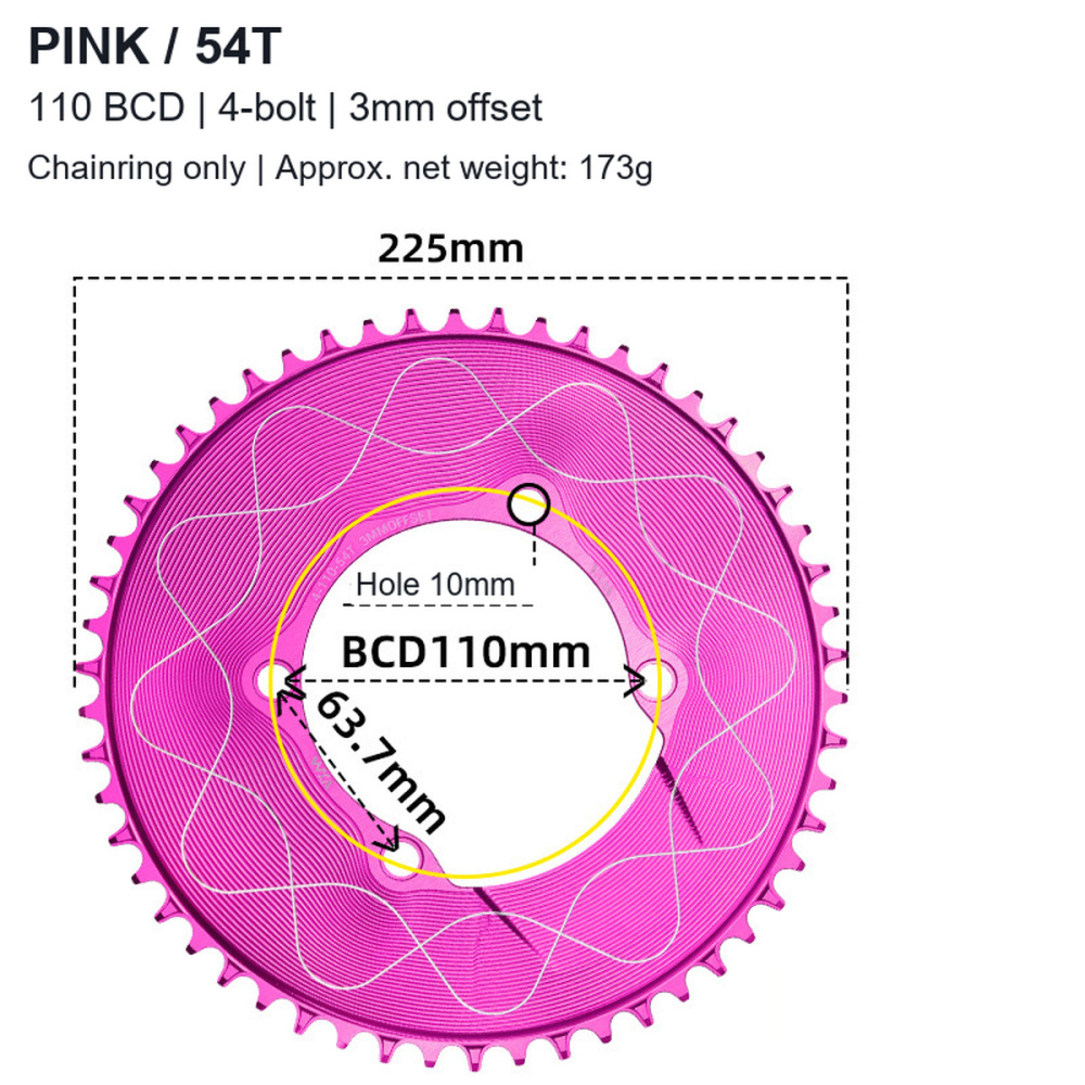110BCD 4-Bolt Wave-Pattern Narrow-Wide Chainring, 40T-58T, 3mm Offset; 3 / 8-Bolt Adapter Options