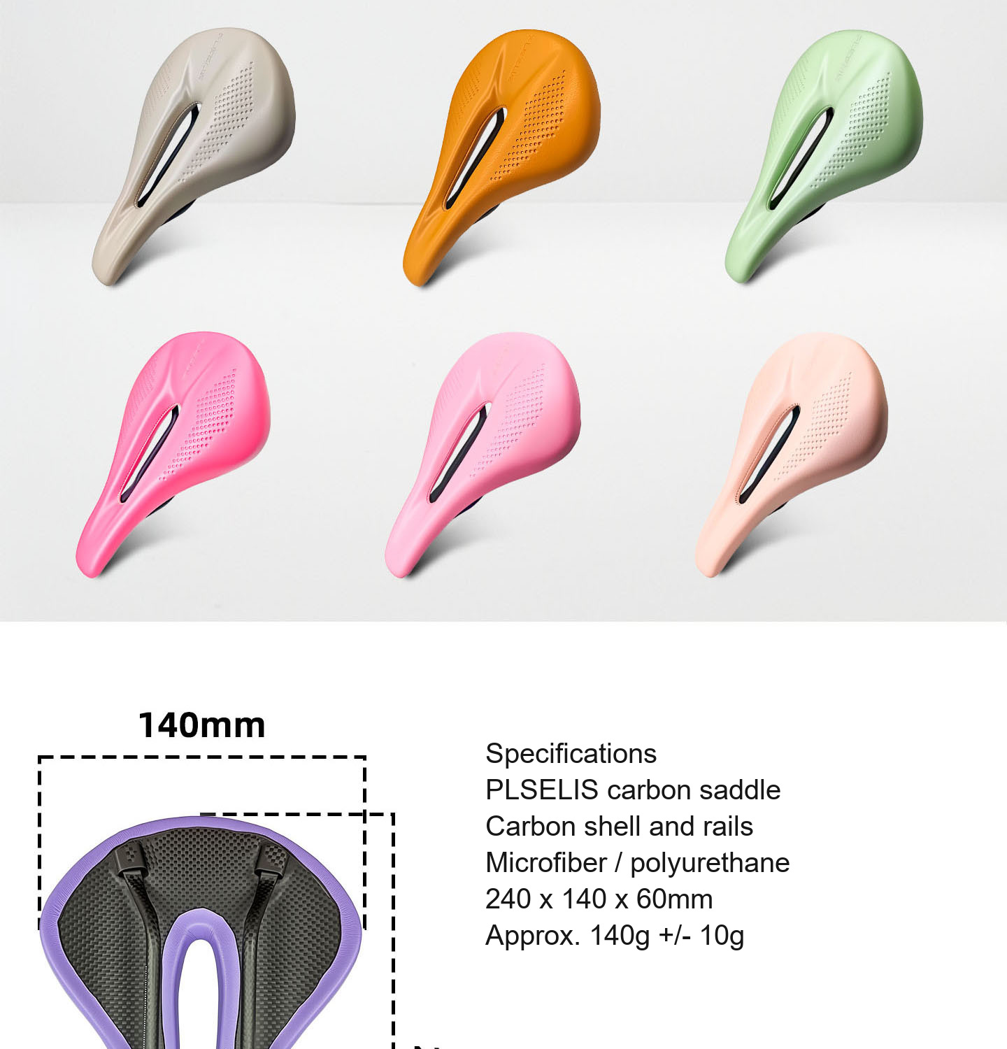 PLSELIS Short-Nose Carbon Saddle, 240 x 140mm, Carbon Rails, 8 Colors - D02