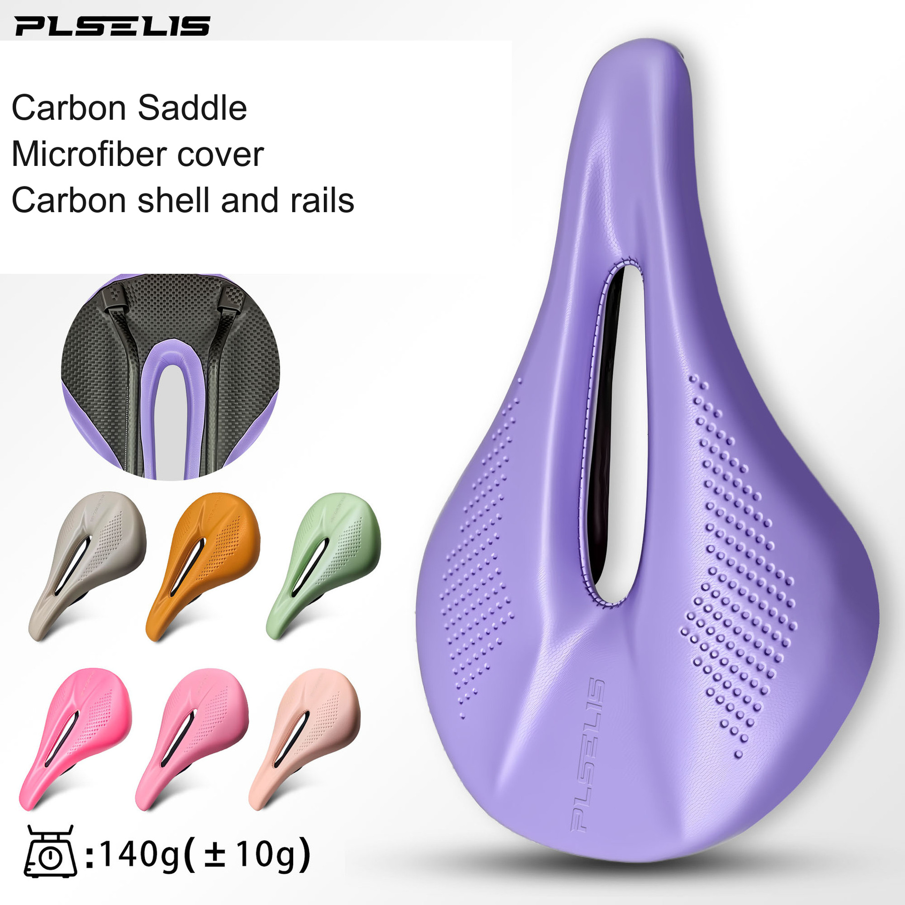 PLSELIS Short-Nose Carbon Saddle, 240 x 140mm, Carbon Rails, 8 Colors - M01