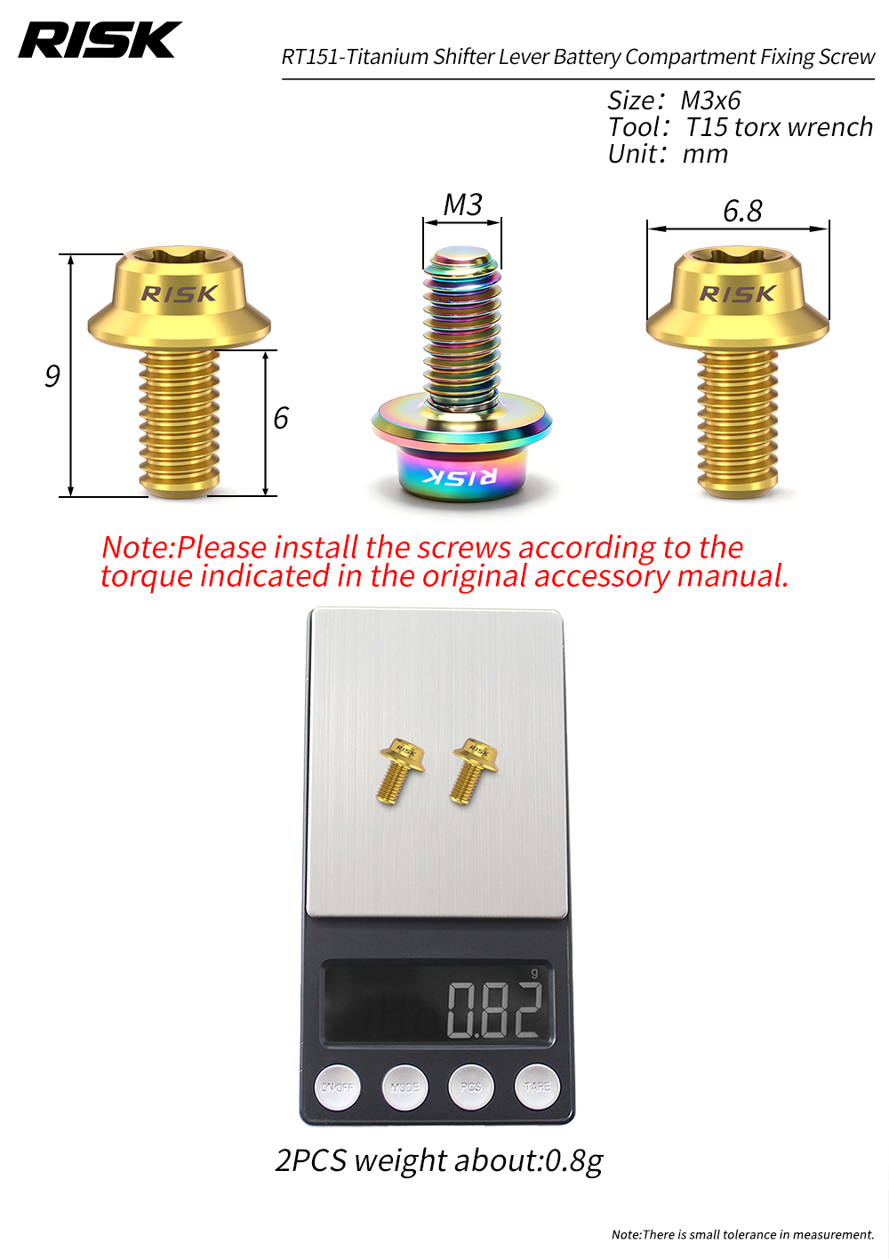 RISK RT151 Titanium Di2 Shifter Battery Cover Screws for R7170 / R8170 / R9270, M3×6mm, 2pcs