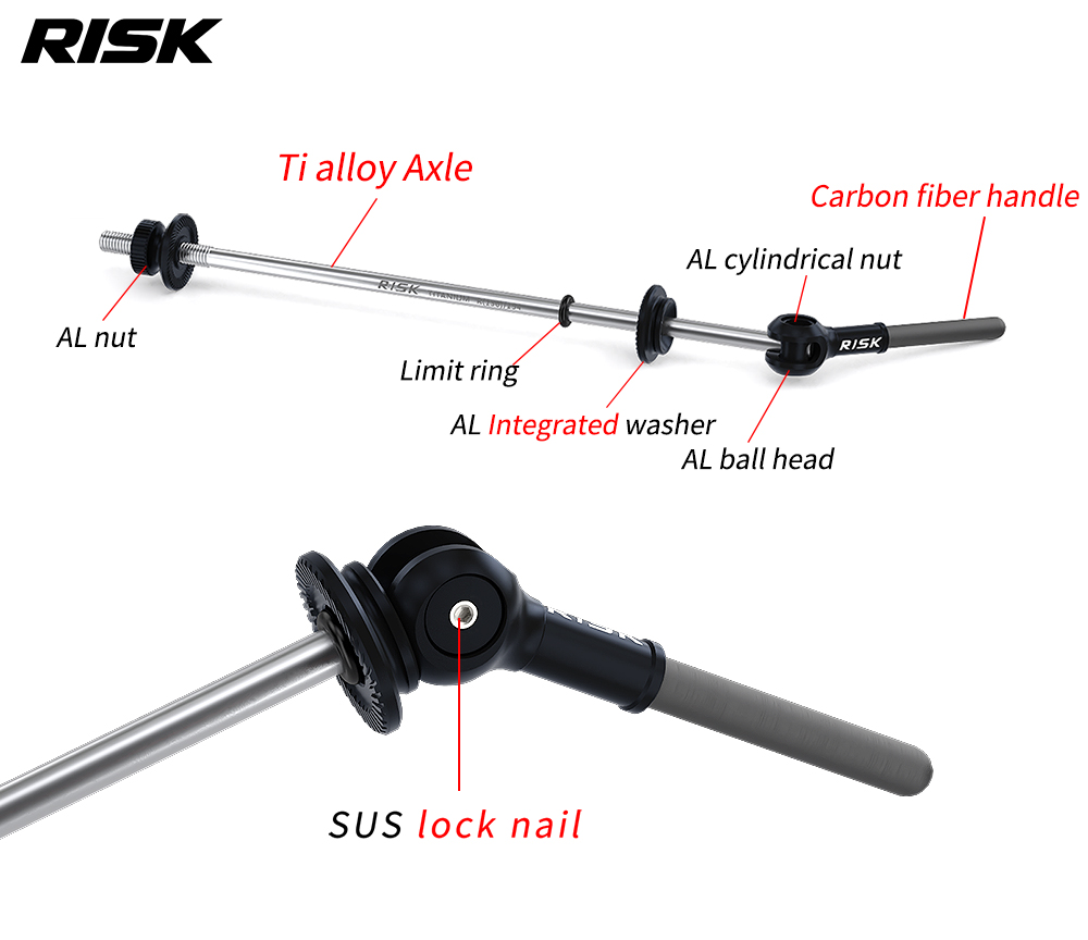 RISK RA163 Titanium Quick Release Skewer Set, Carbon Fiber Levers, Front & Rear, 40g