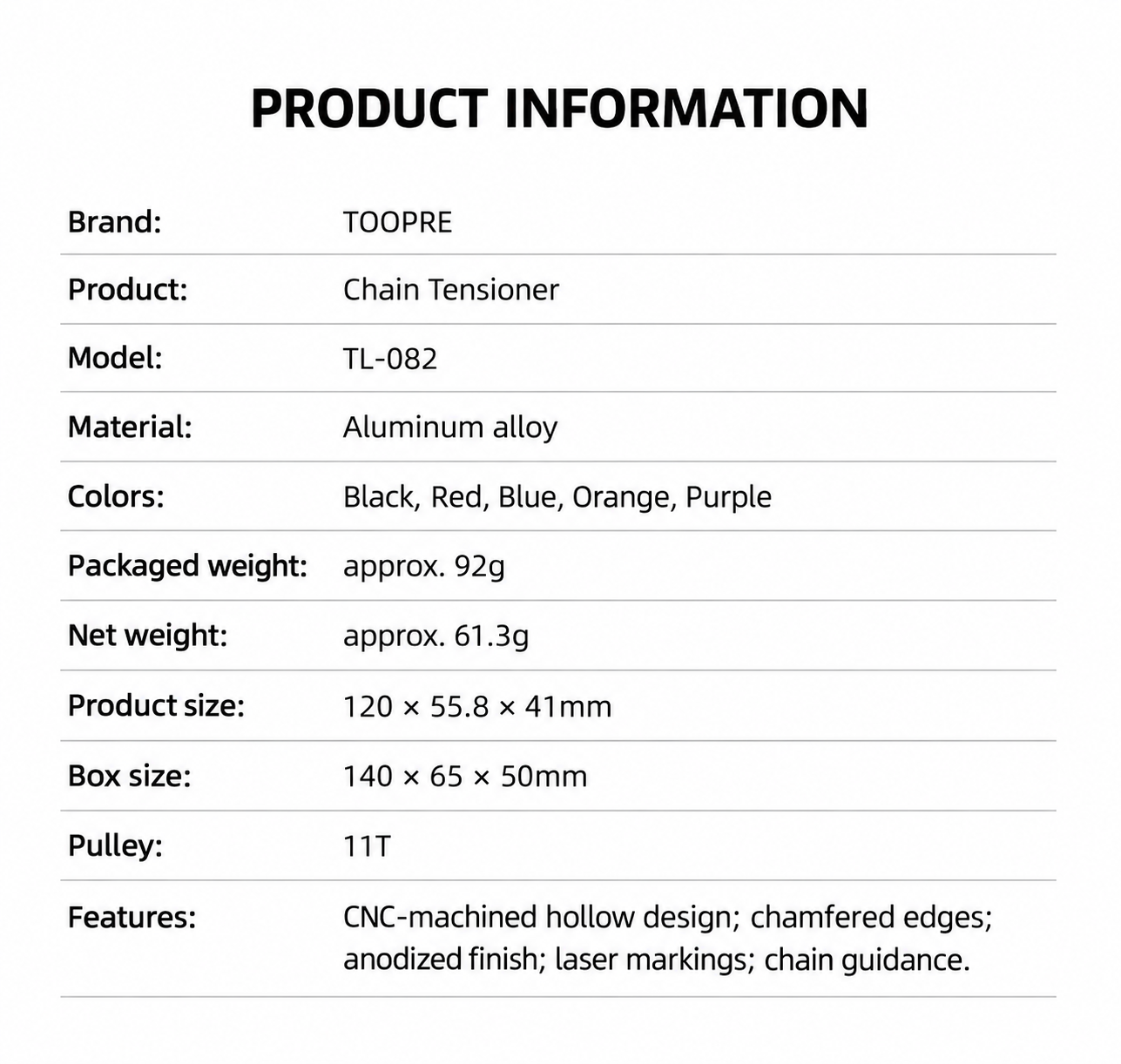 TOOPRE TL-082 Adjustable Single-Speed Chain Tensioner, 11T Bearing Pulley, 5 Colors