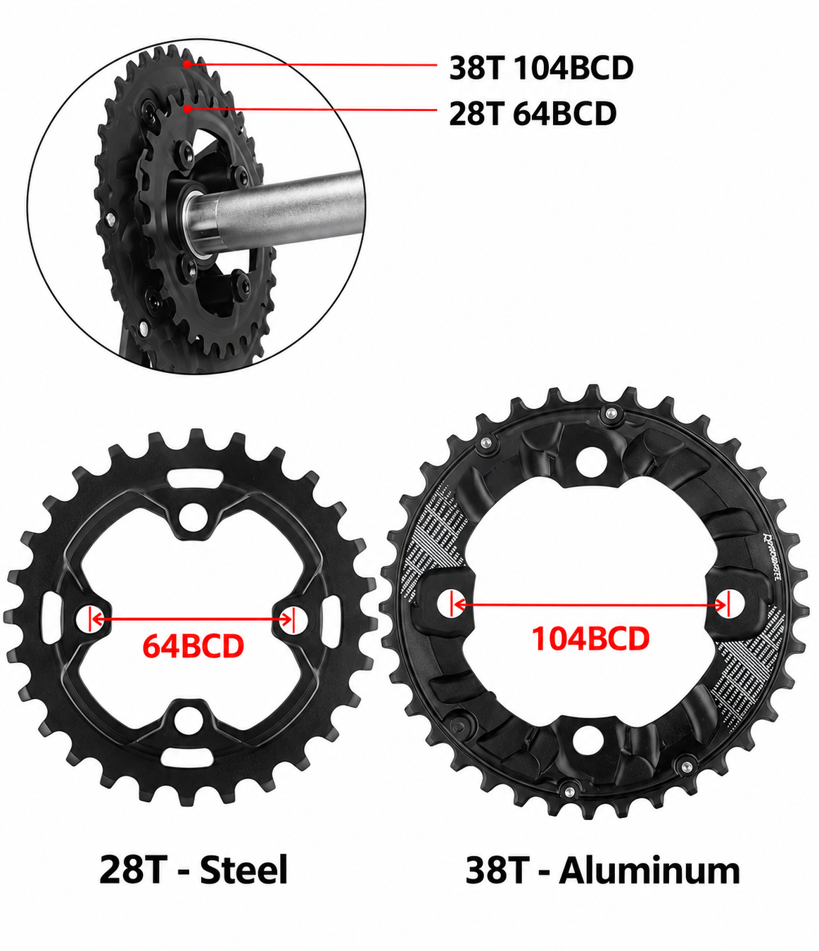 PROWHEEL 2x Chainring, 26/36T 28/38T 22/36T 24/38T