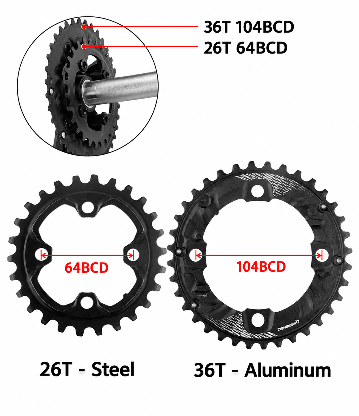 PROWHEEL 2x Chainring, 26/36T 28/38T 22/36T 24/38T