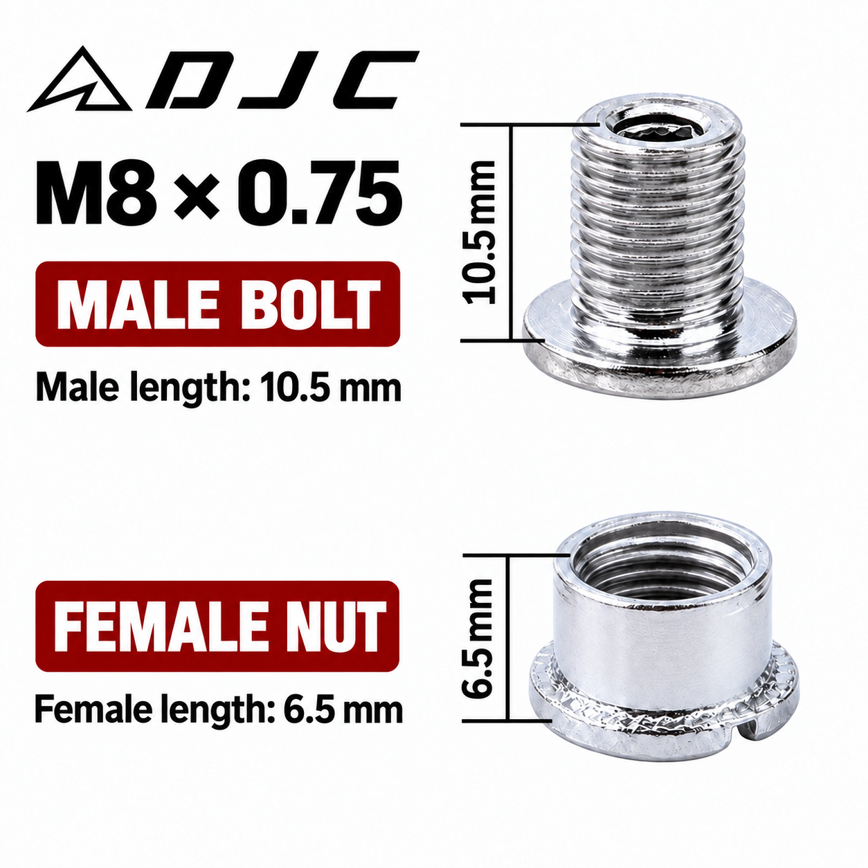 DJC M8x0.75 Steel Chainring Bolts for 1x/2x Cranks, 10.5mm Male Bolts and 6.5mm Nuts, Four or Five Pairs