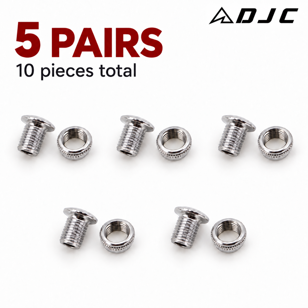 DJC M8x0.75 Steel Chainring Bolts for 1x/2x Cranks, 10.5mm Male Bolts and 6.5mm Nuts, Four or Five Pairs