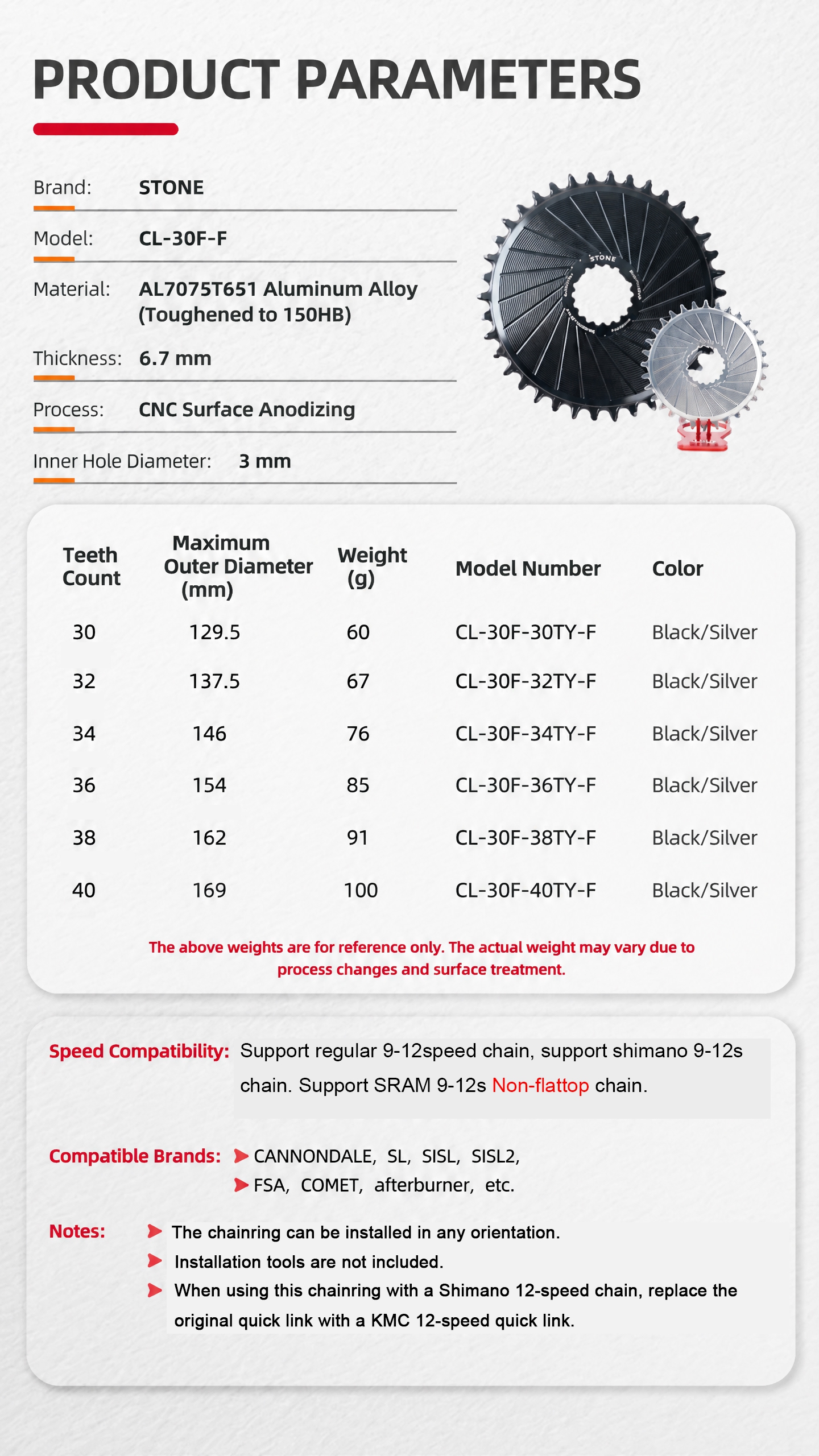 STONE Direct Mount Chainring 30-40T for Cannondale SI SL SISL SISL2 and for FSA Comet Afterburner, 3mm Inner Offset