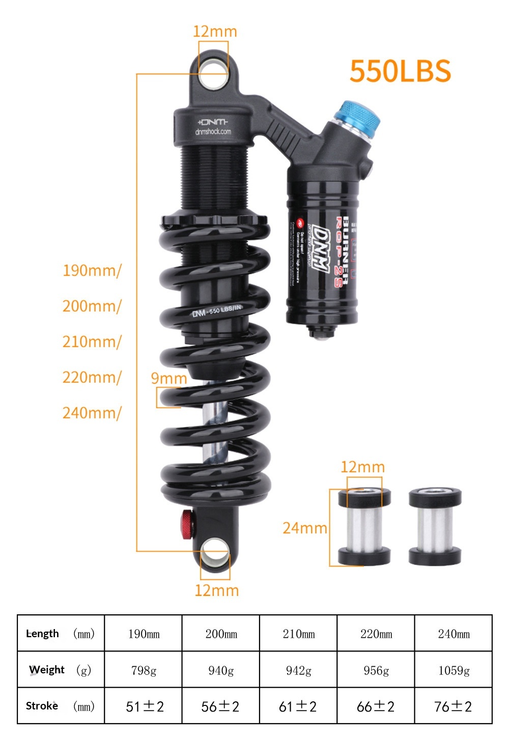 DNM RCP2S Coil Rear Shock Absorber RCP2S 190/200/210/220/230/240/265mm for MTB E-Bike Electric Motorcycle