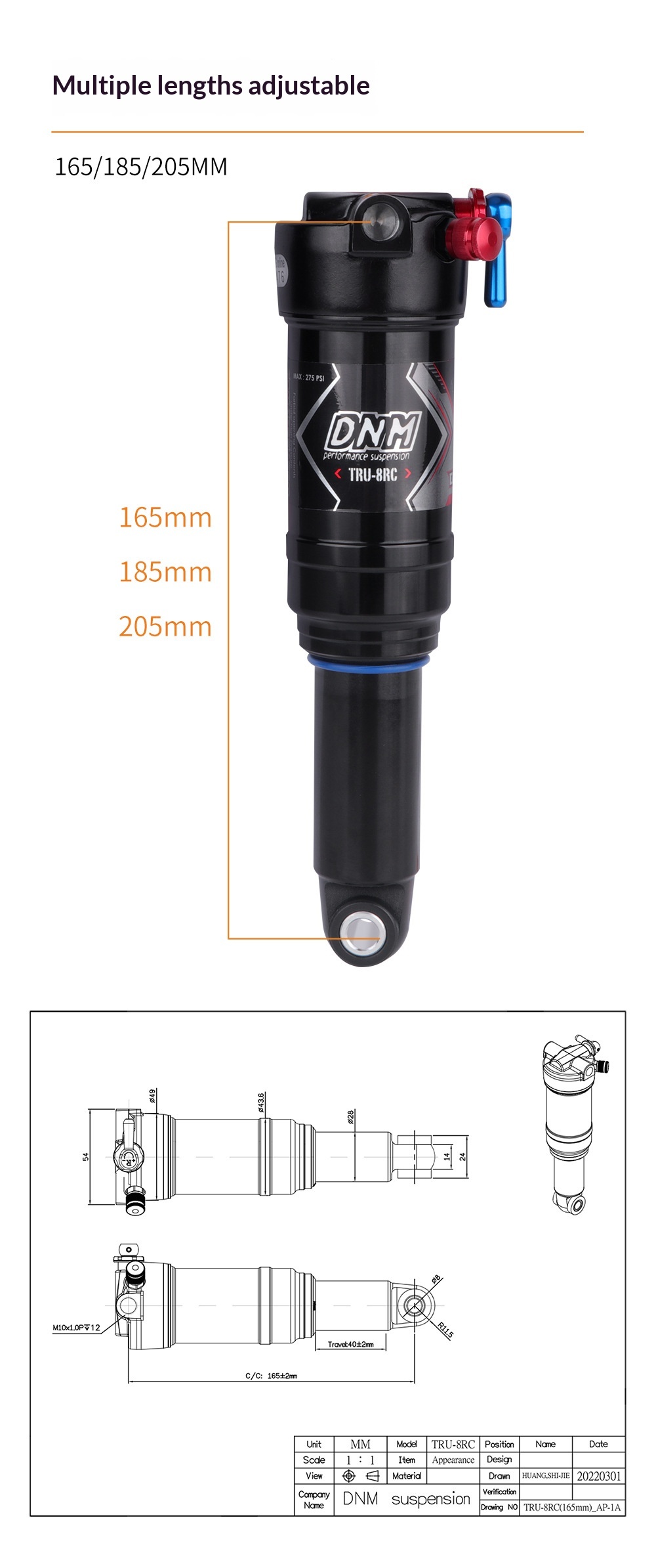 DNM TRU-8RC Air Rear Shock Absorber Trunnion Mount Bike Suspension 3-Step Lockout Rebound Adjustable