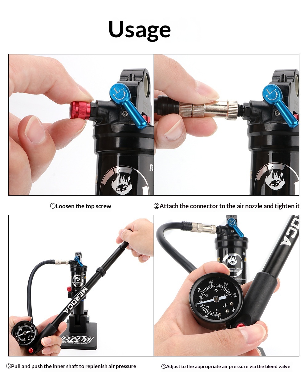 MEROCA-300PSI-PUMP Portable High Pressure Shock Pump for Bicycle Suspension Fork, Rear Shock & Tires
