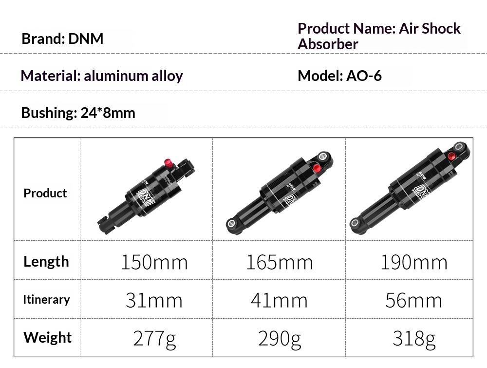 DNM AO-6 Air Rear Shock Absorber AO-6 Bicycle Suspension 100/125/150/165/190mm for Folding Bike Scooter MTB