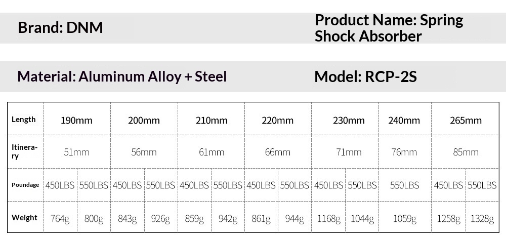 DNM RCP2S Coil Rear Shock Absorber RCP2S 190/200/210/220/230/240/265mm for MTB E-Bike Electric Motorcycle