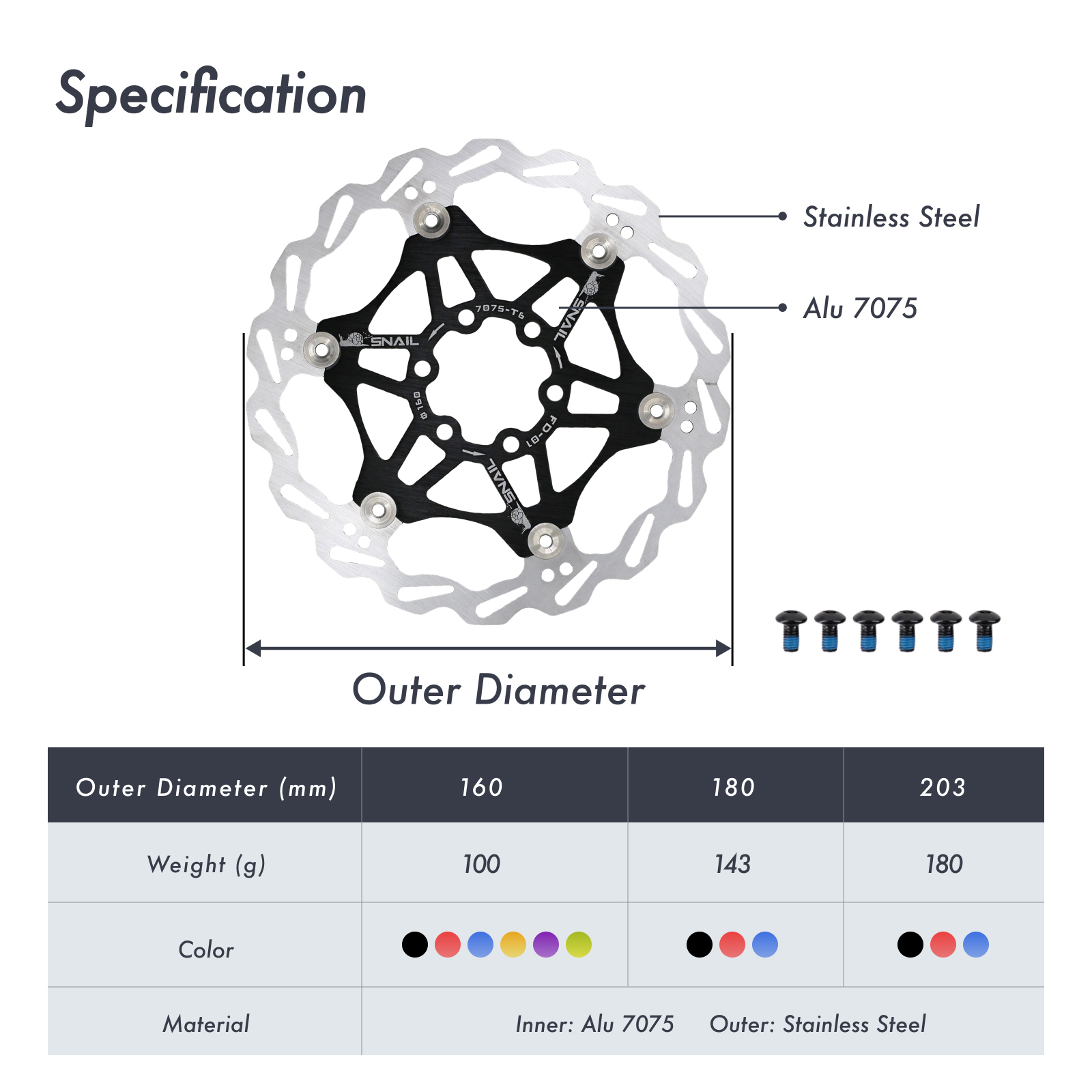 Snail Floating Brake Disk Rotor with 6 Bolts MTB Mountain Bike Hydraulic 160 180 203 mm Brake Pad Downhill DH CX