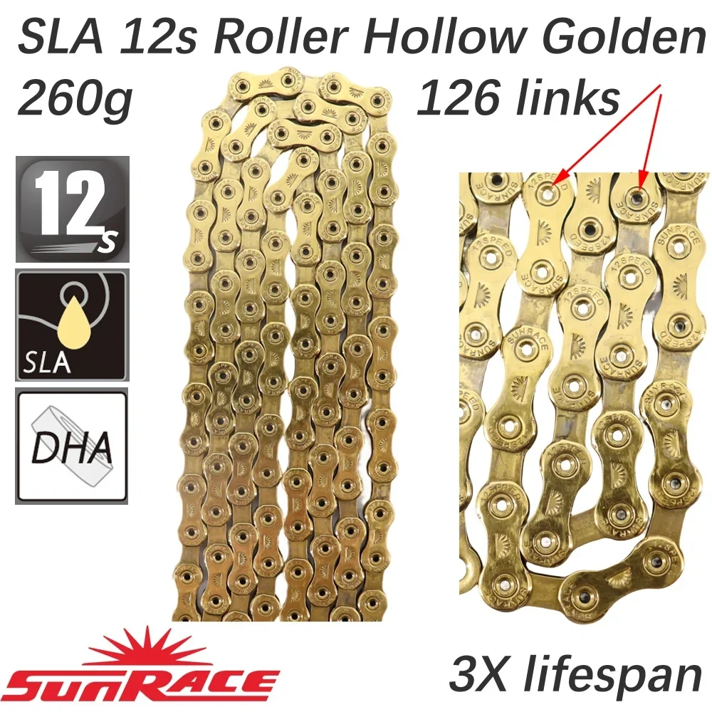 Sunrace Bike Chain 12 speed SLA roller hollow gold oil slick Titanium coating MTB road bike chain for Shimano/ SRAM 12s oilslick