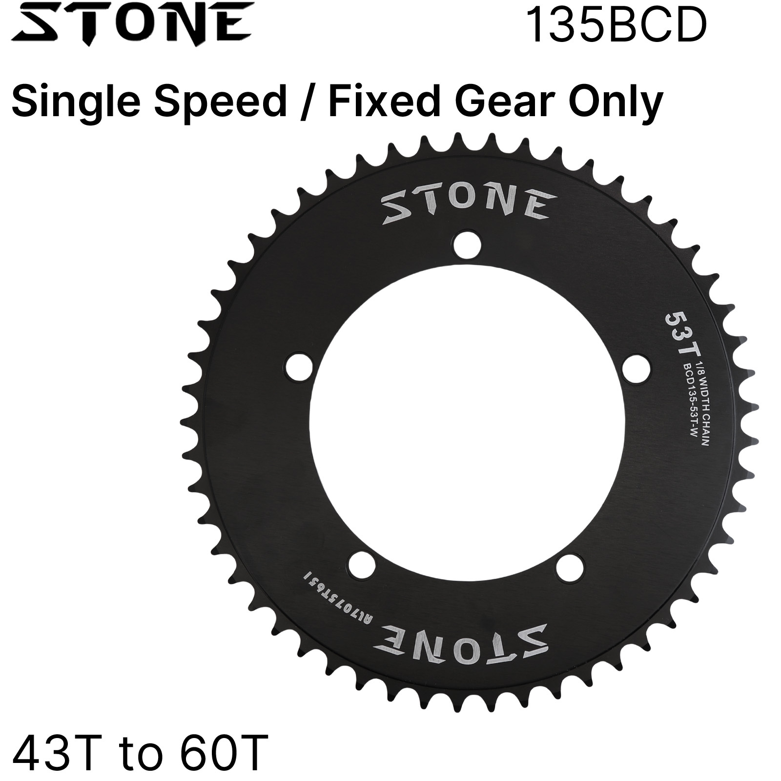 Stone 135BCD Chainring for Campagnolo CP Fixed Gear Track Bike Fixie Single Speed 43T-60T for 1/2" x 1/8" Chain