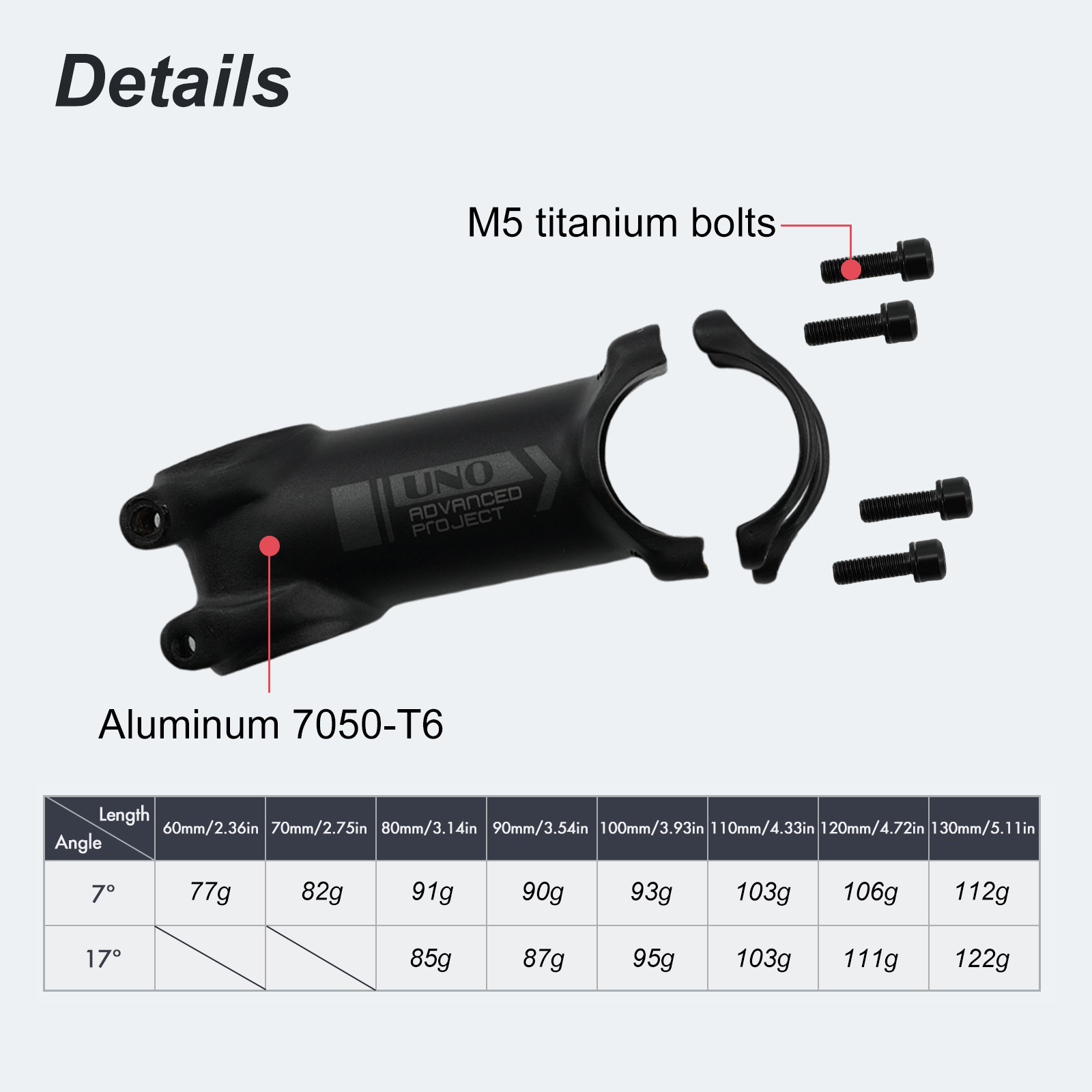 UNO Bike stem ultralight Ti Titanium bolts grey black -7 17 degree MTB Alu 60 70 80 90 mm 100 110 120 130mm bicycle stem