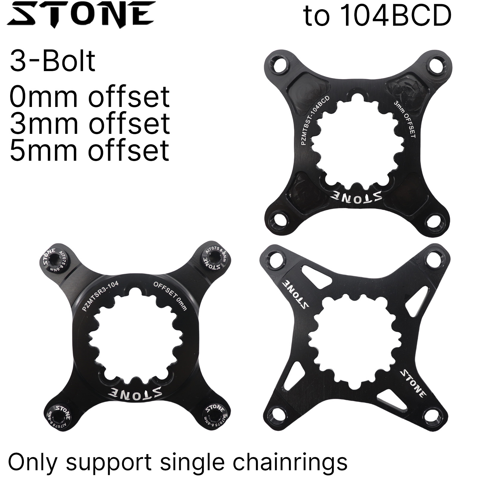 STONE Bike Chainring Spider Adapter 104BCD 3-bolt Direct Mount 0mm 3mm 5mm Offset for SRAM DUB GXP BB30 BOOST 148mm X9 XX1 X0 X01 1x Speed