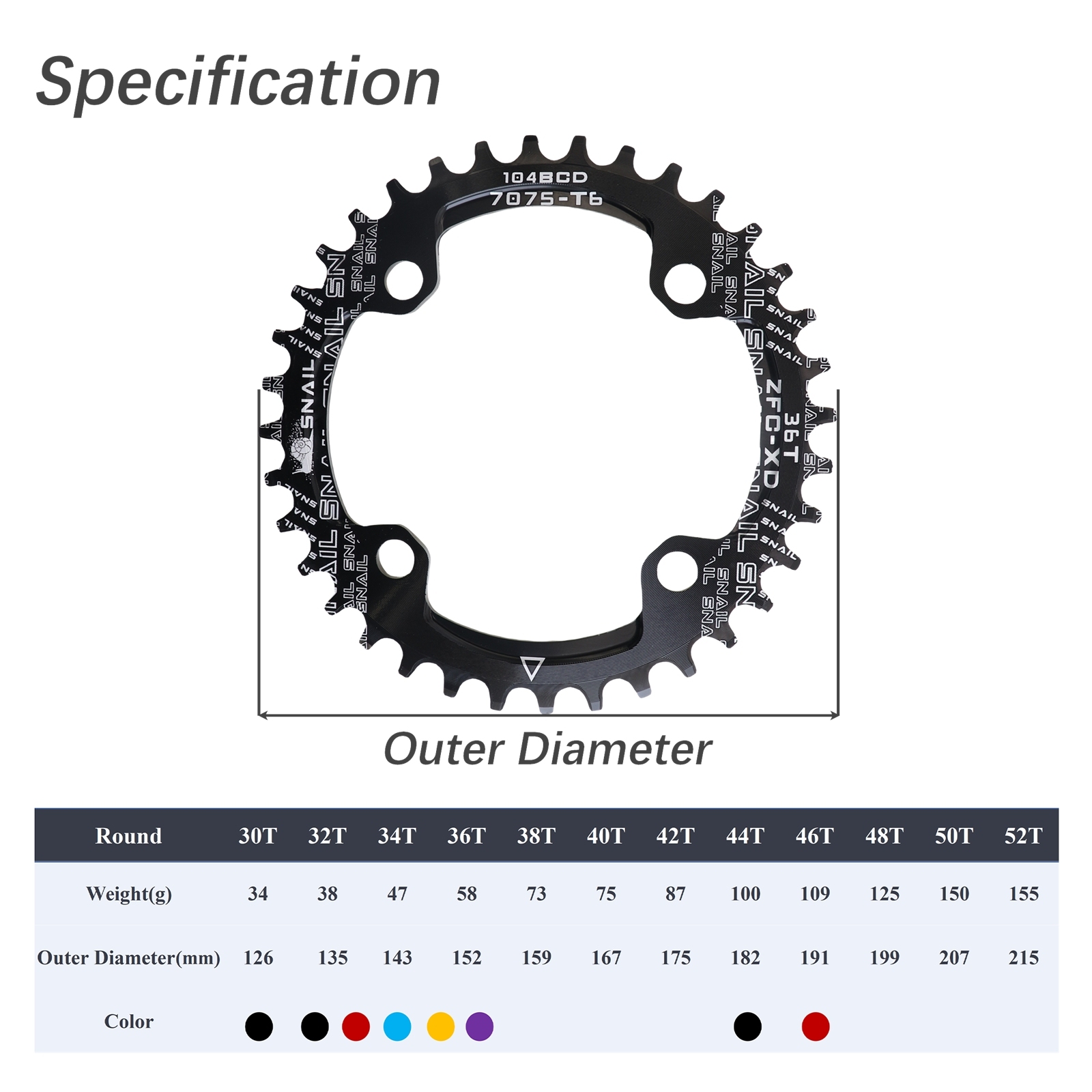 SNAIL Chainring 104BCD Round 30t 32t 34t 36t 38t 52 tooth Narrow n Wide Ultralight Tooth Plate MTB Mountain Bike 104 BCD Chainwheel
