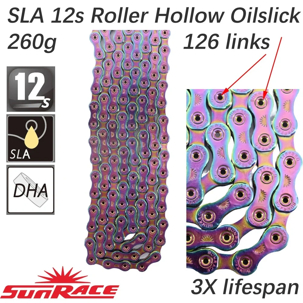 Sunrace Bike Chain 12 speed SLA roller hollow gold oil slick Titanium coating MTB road bike chain for Shimano/ SRAM 12s oilslick