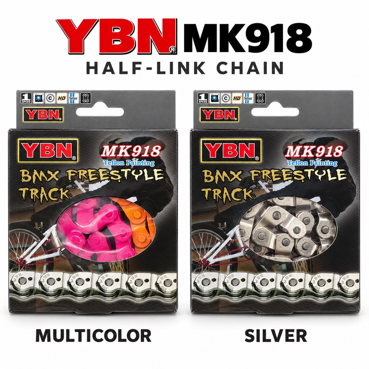 YBN BMX Single Speed Half-Link Chain Heavy Duty for Freestyle Fixie Track Bike Dirt Jump, Street 1/2"x1/8" 102 Links Chains