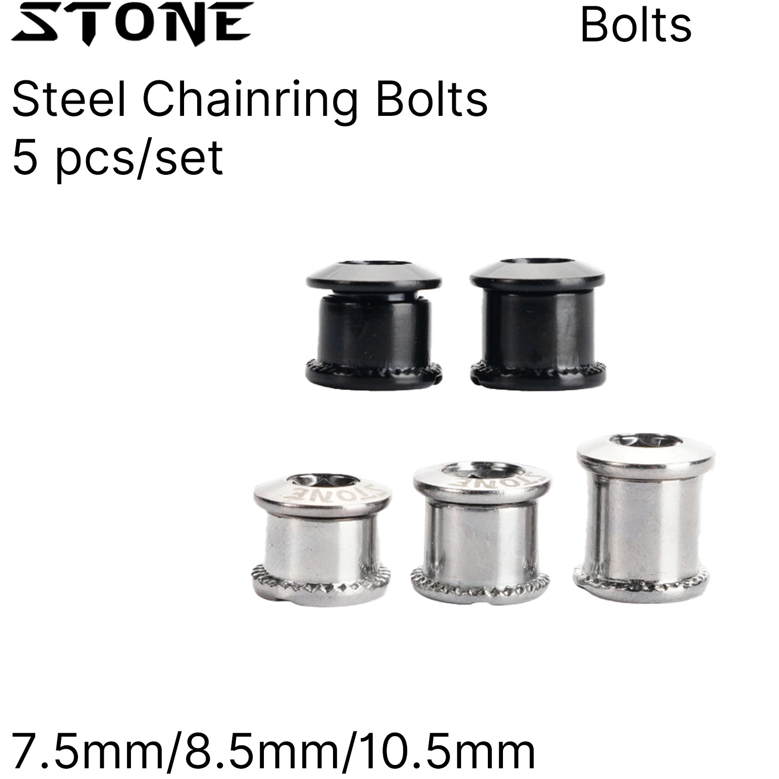 Stone CrMo Steel Chainring Bolts 5pcs M8 7.5/8.5/10.5mm Bicycle Chainring Screws for Road Bike MTB Crankset Sliver Black