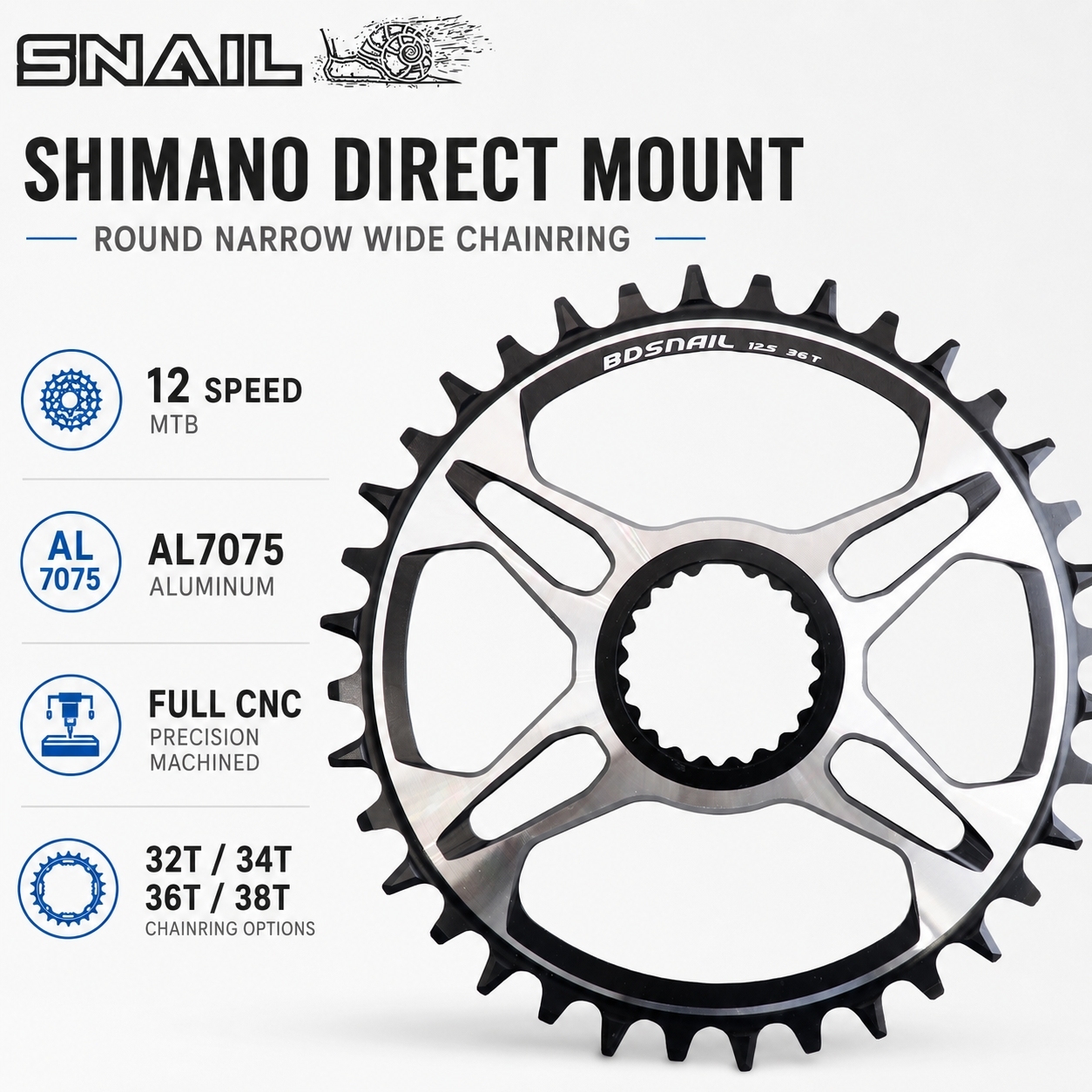 SNAIL Round/Oval Direct Mount Chainring for Shimano M9100 M8100 M7100 M6100 Narrow-Wide 32–38T