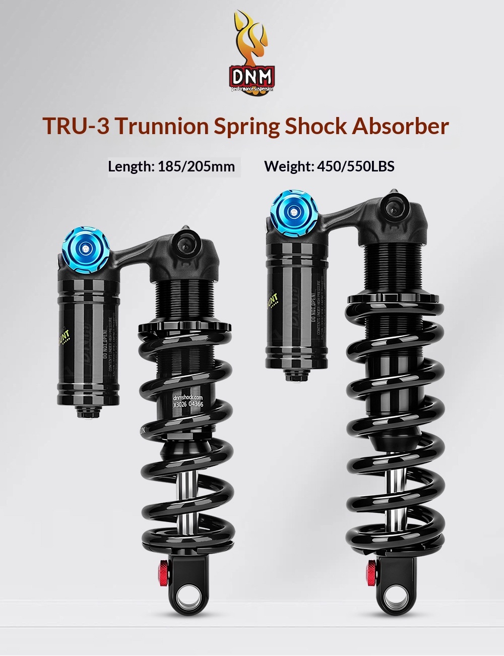 DNM TRU-3 Trunnion Coil Rear Shock Absorber, 185/205mm 450/550LBS with 24mm Bushing rear shocks, Aluminum Alloy