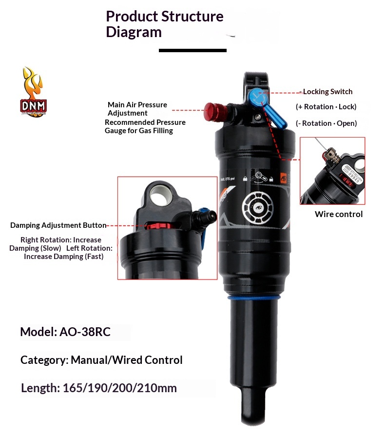 DNM AO-38RC/AO38RL  Air Rear Shock – MTB Full Suspension Air Shock, Rebound & Compression Adjustable with Lockout (165/190/200/210mm)