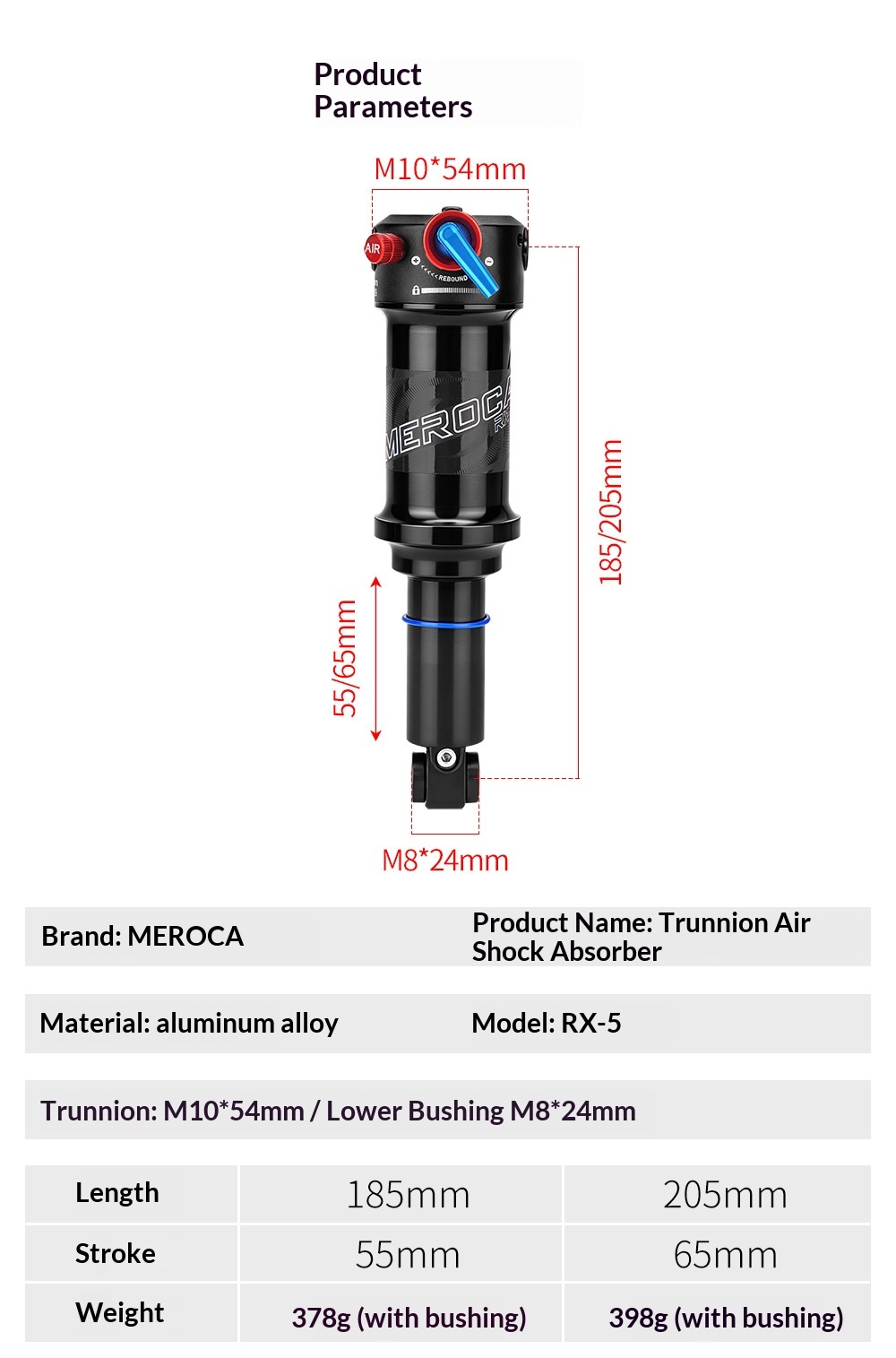 MEROCA RX-5 Trunnion Air Rear Shock 185/205mm MTB Rear Suspension with Rebound Adjustment & Lockout