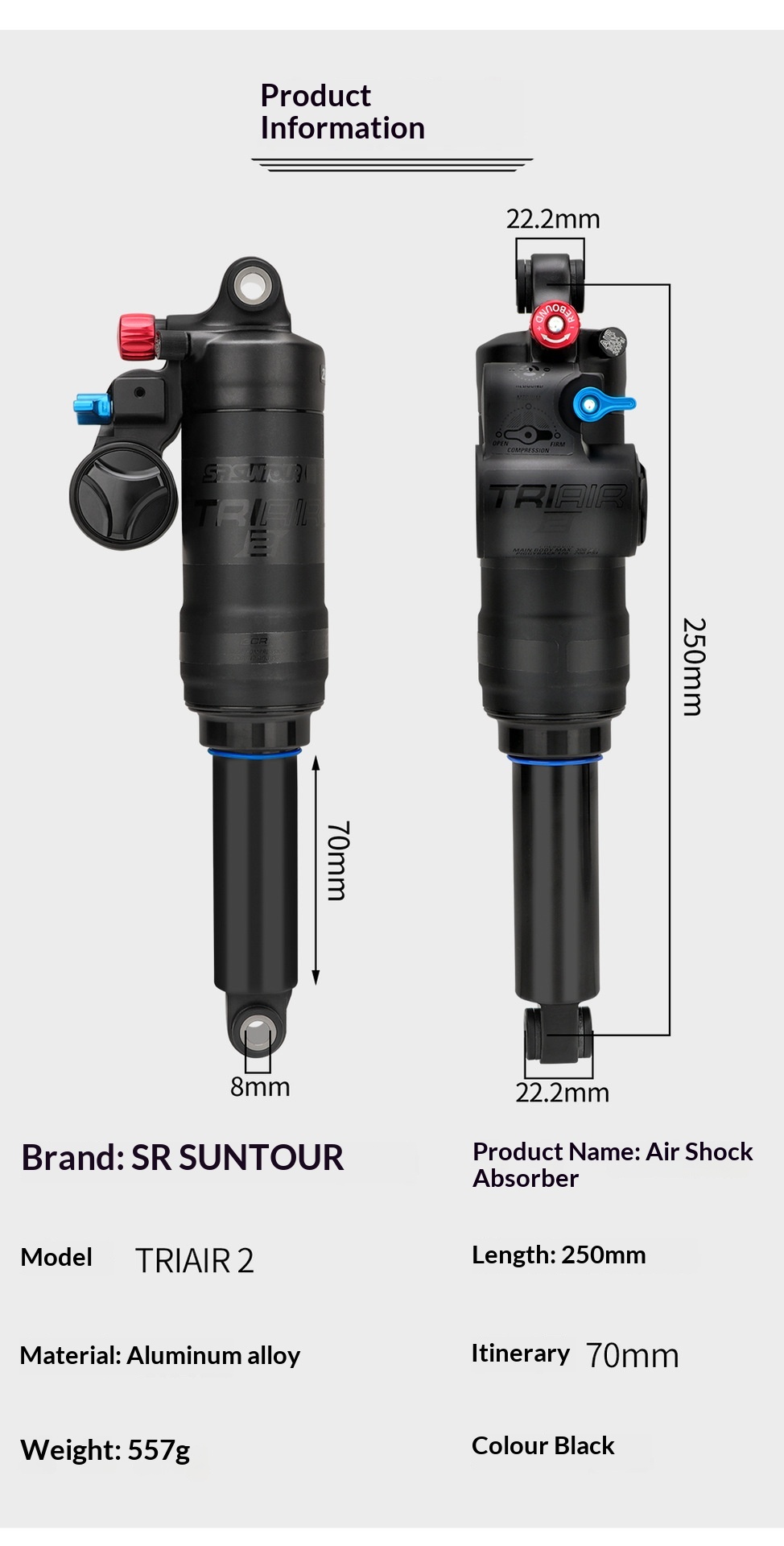 SR SUNTOUR TRIAIR 2 Air Rear Shock 250x70mm MTB DH Suspension Damper, Item No. Suntour-250MM-Air-Shock