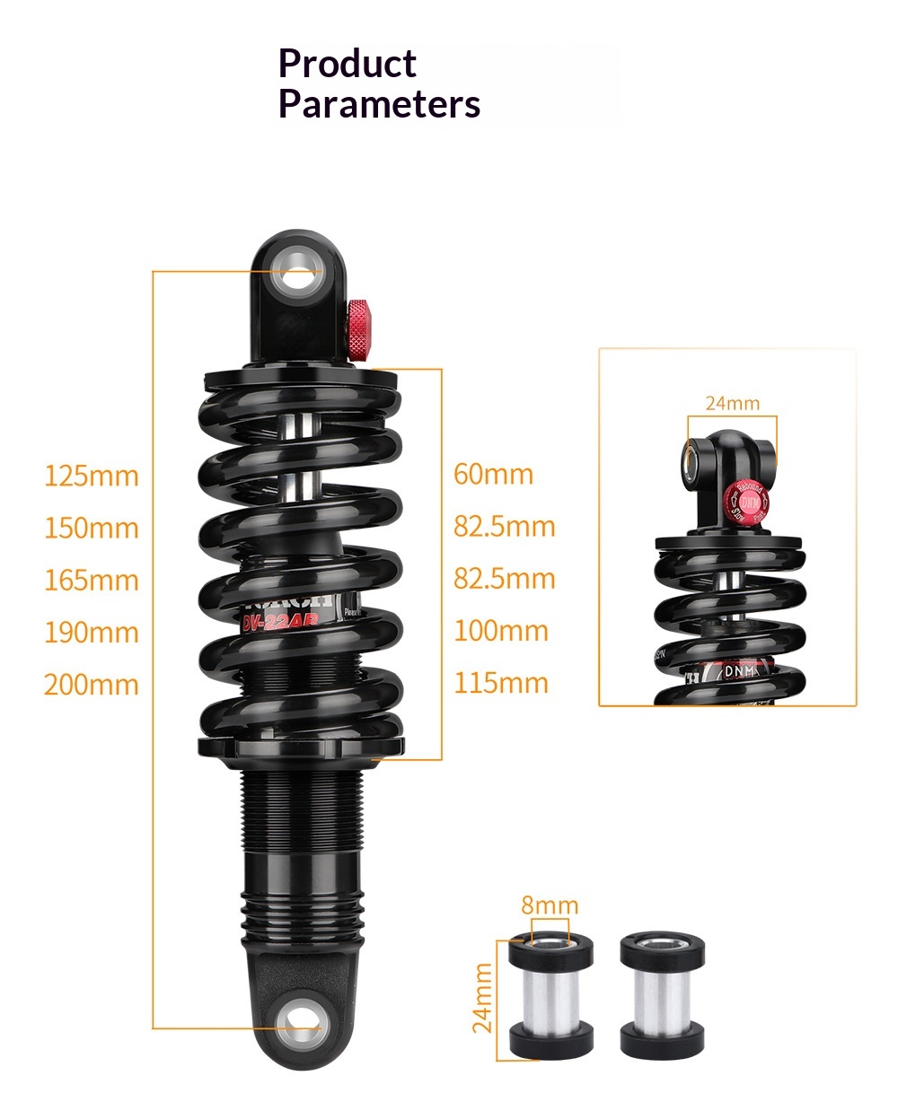 DNM DV-22AR Hydraulic Coil Spring Rear Shock Absorber - Adjustable Rebound Damping for MTB/E-Bike (Various Sizes & LBS)