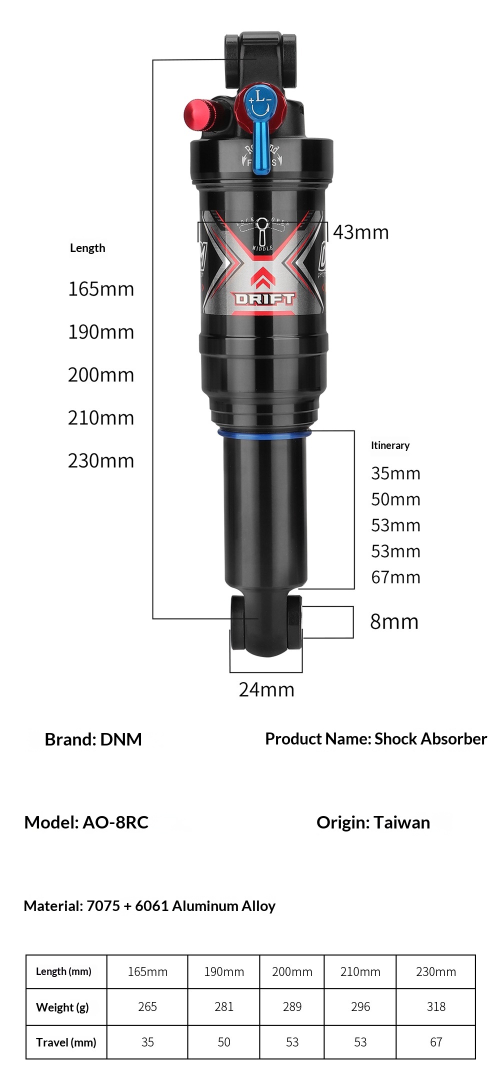 DNM AO-8RC Air Rear Shock Absorber, 3-Position Lockout MTB Soft Tail Bicycle Suspension, Rebound Damping Adjustable