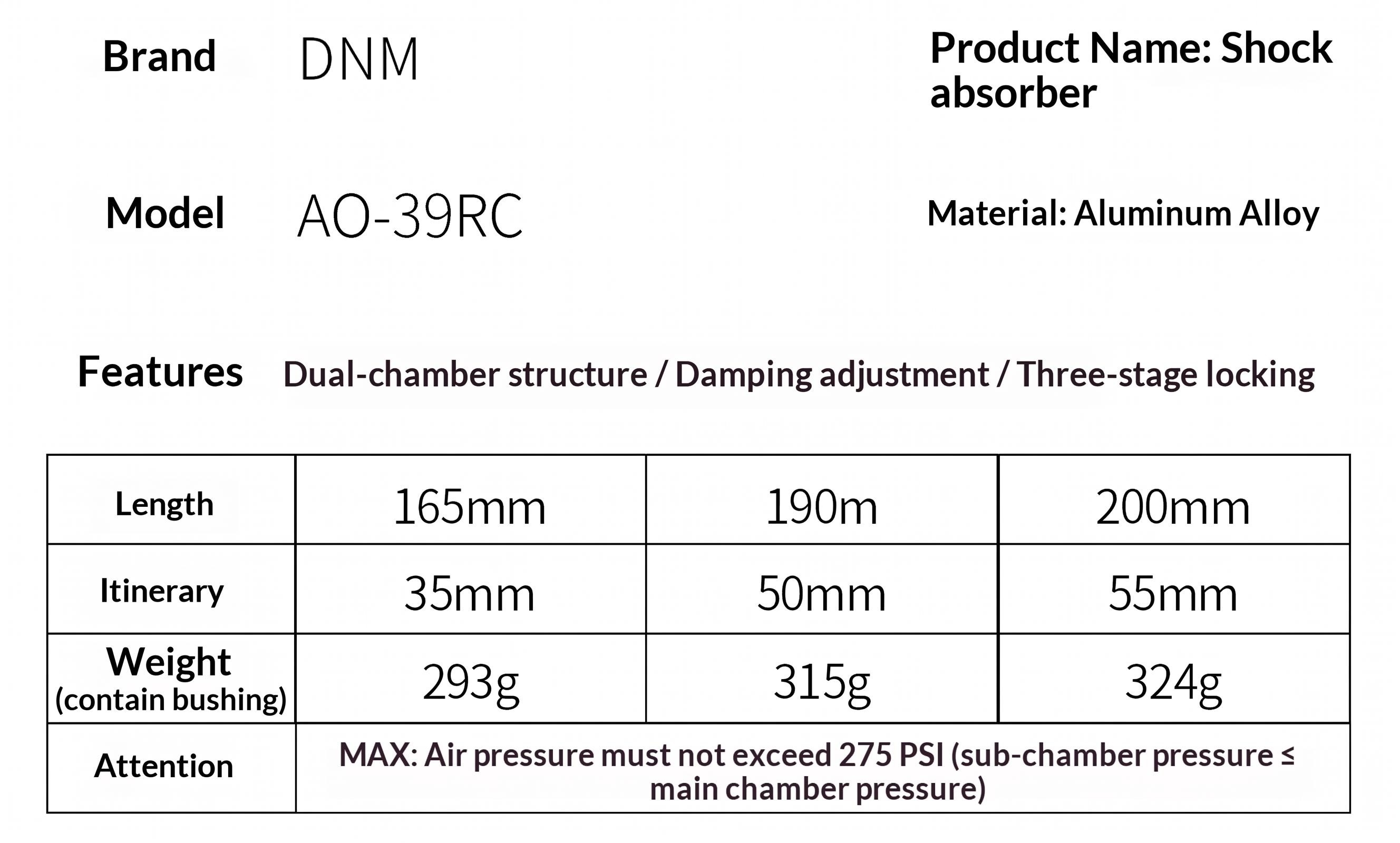 DNM-AO-39RC Air Rear Shock Absorber for MTB Full Suspension Downhill Bikes, 165/190/200mm