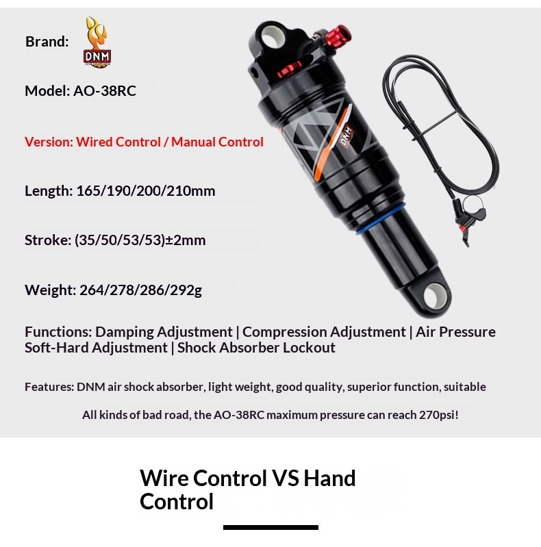 DNM AO-38RC/AO38RL  Air Rear Shock – MTB Full Suspension Air Shock, Rebound & Compression Adjustable with Lockout (165/190/200/210mm)