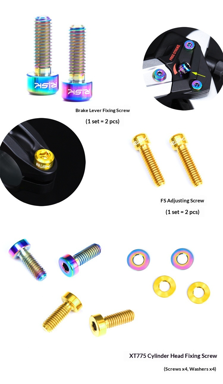 RISK RT101 Titanium Bolt Kit for Shimano XT M775 Hydraulic Disc Brake Lever — 20PCS Full Set (Reservoir Cap, Clamp, Free Stroke, Panel), TC4 Titanium, PVD Coated
