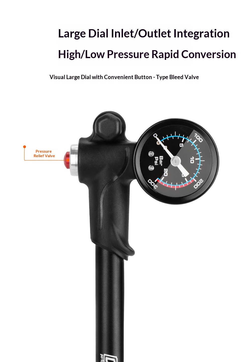 DNM PM-6 300PSI High Pressure Bicycle Shock Pump with Gauge for Suspension Fork, Rear Shock & Tires