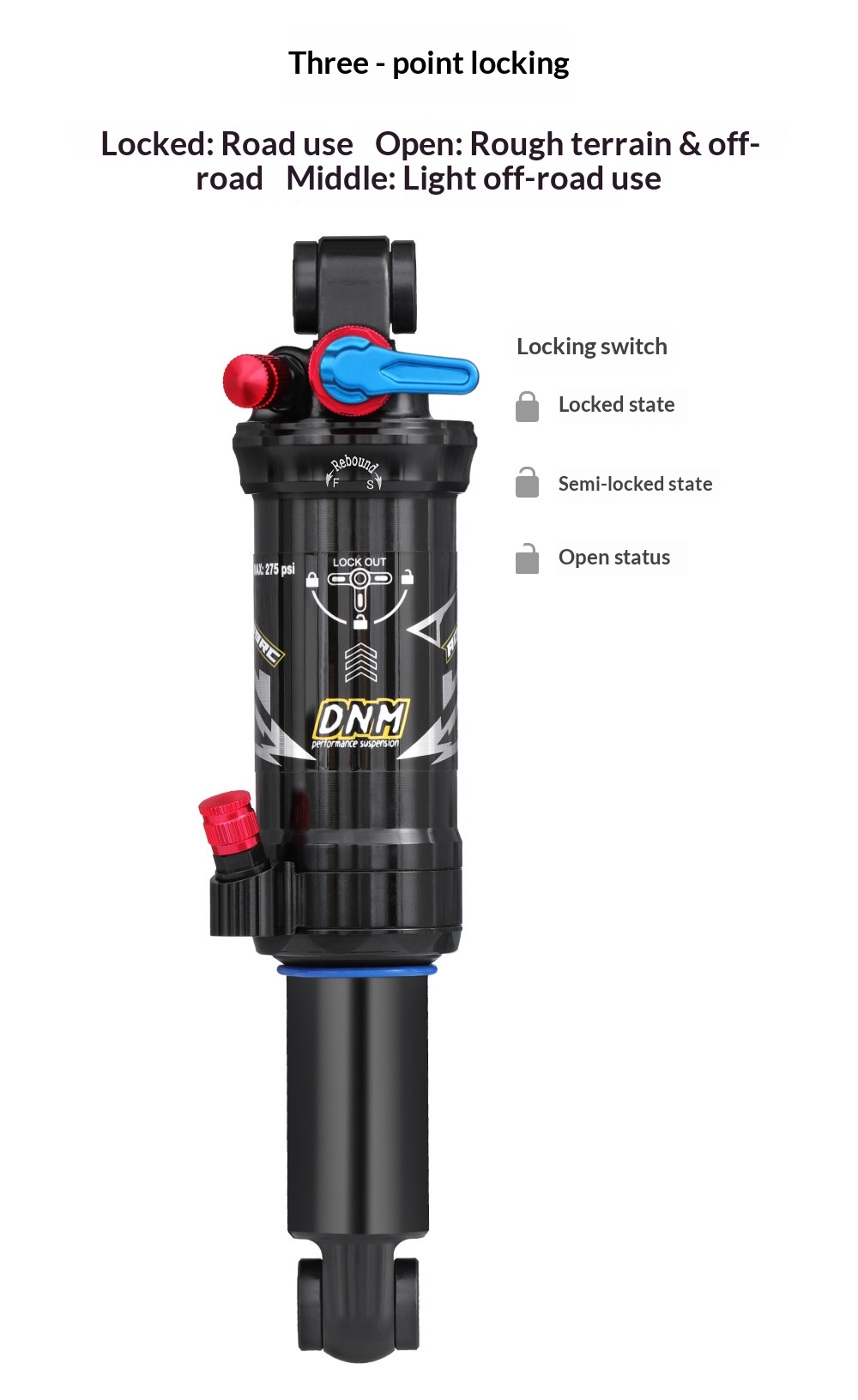 DNM-AO-39RC Air Rear Shock Absorber for MTB Full Suspension Downhill Bikes, 165/190/200mm