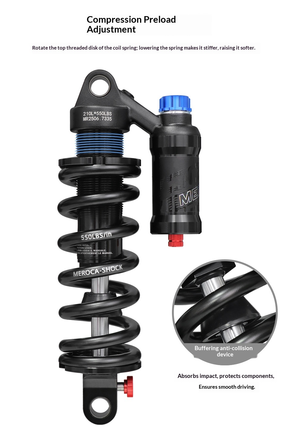 MEROCA RCT-2 Coil Rear Shock Absorber MEROCA-RCT-2 550lbs 190/210/230/240/250/265mm for MTB Soft Tail Bike