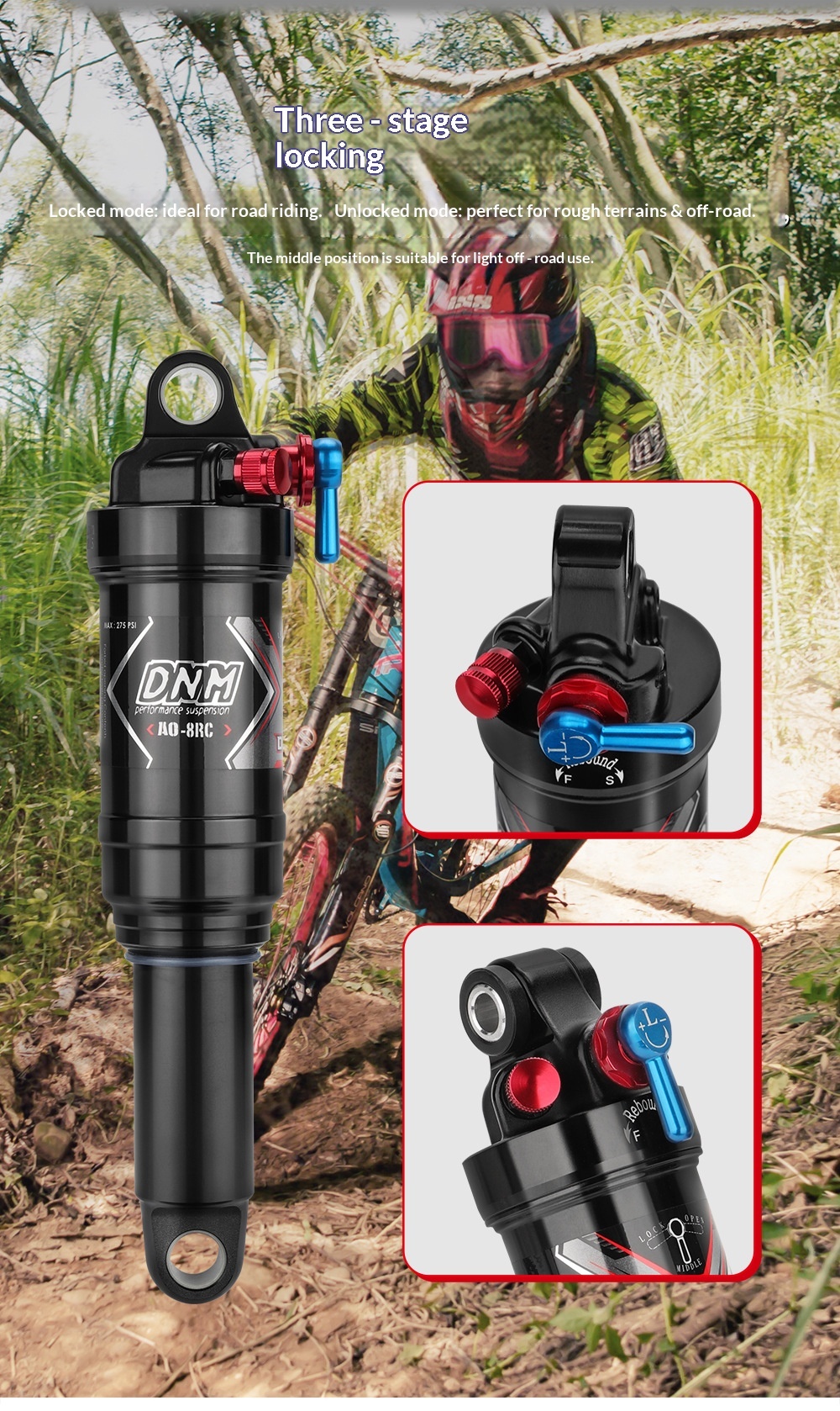 DNM AO-8RC Air Rear Shock Absorber, 3-Position Lockout MTB Soft Tail Bicycle Suspension, Rebound Damping Adjustable