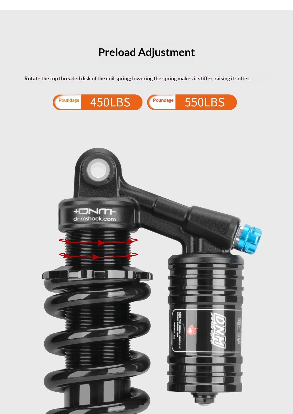 DNM RCP-2PLUS Coil Rear Shock Absorber EMOTO-RCP2PLUS-HL 265mm 450/550lbs with High Low Speed Adjustment for E-Moto Off-Road Bike